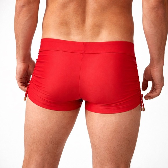 Andrew Christian L (33-35) Adjustable Red Side Cinch Swim Trunks 70114 - Picture 2 of 10